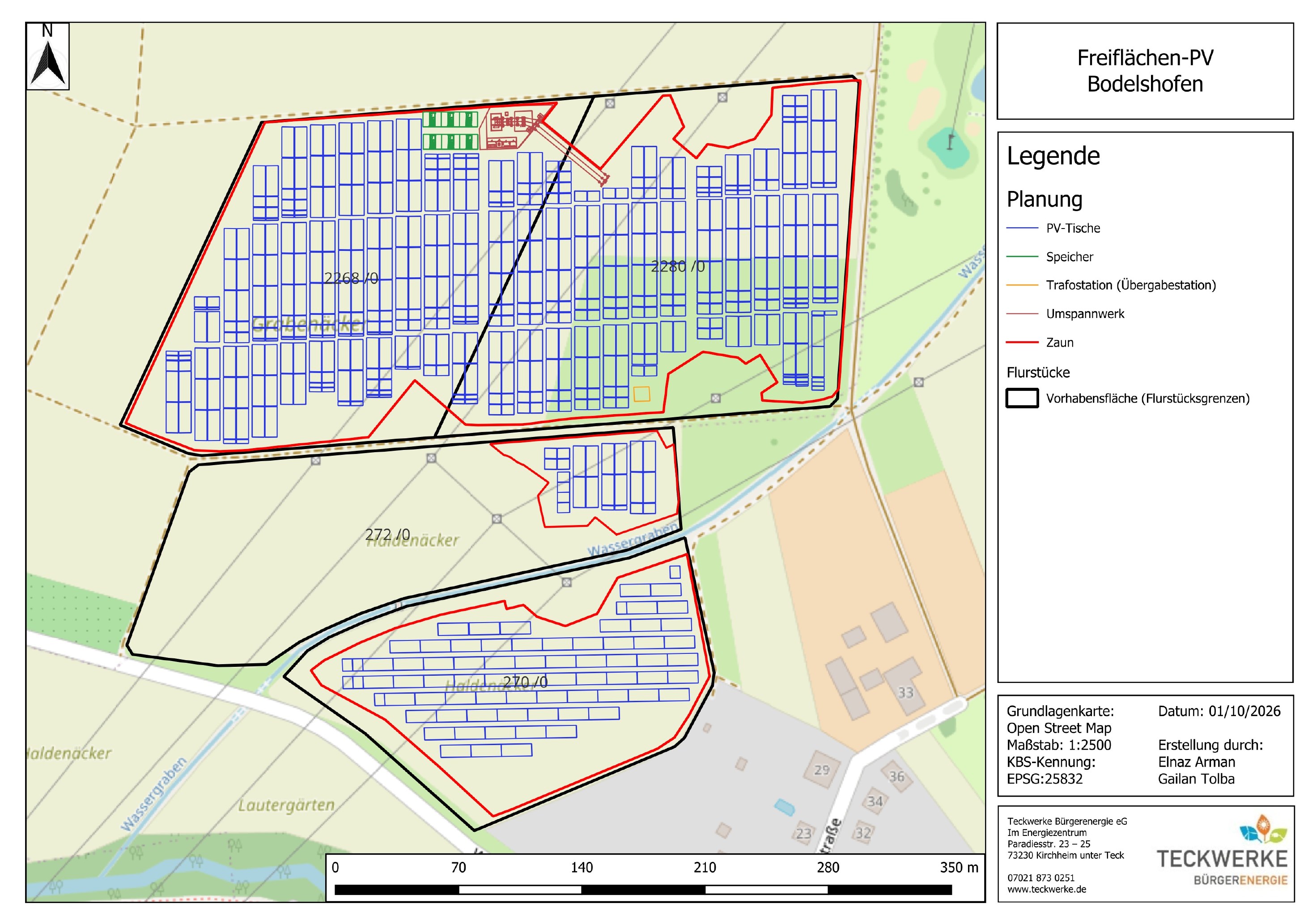 Lageplan der geplanten Freiflächen-Photovoltaik mit PV-Tischen, Speicher, Trafostation, Zaun, Legende und Maßstab
