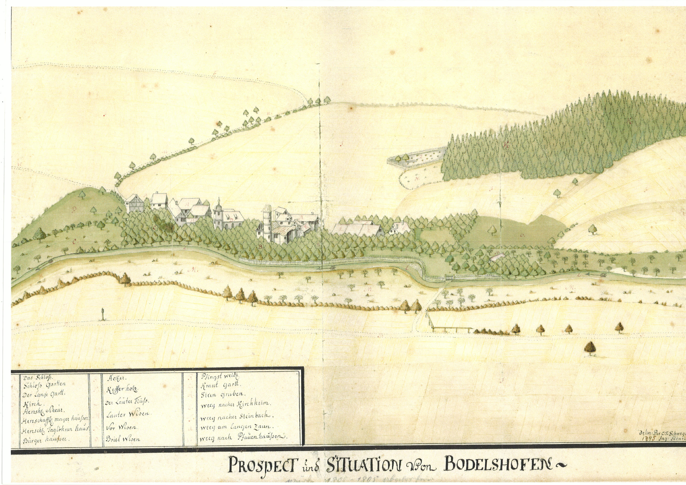 Kolorierte Federzeichnung des Dorfes und Hofguts in der Vogelschau mit Lauter, Äckern und Wiesen, unten der Titel Prospect und Situation von Bodelshofen und eine dreispaltige Legende