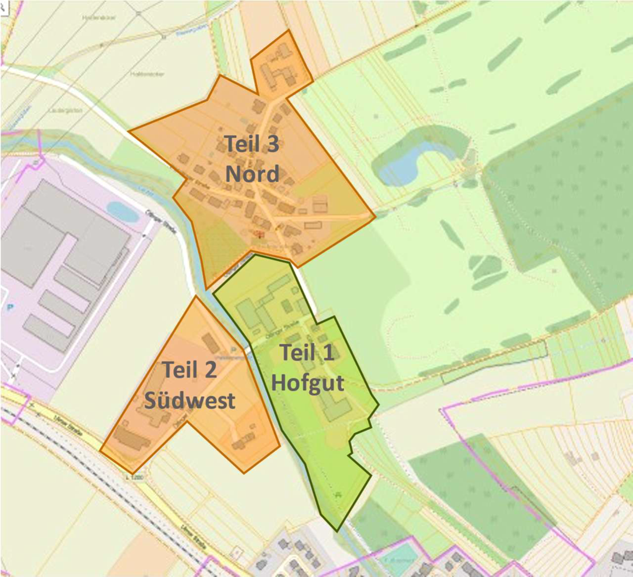 Karte des geplanten Nahwärme-Versorgungsgebiets mit Teil 1 Hofgut, Teil 2 Südwest und Teil 3 Nord