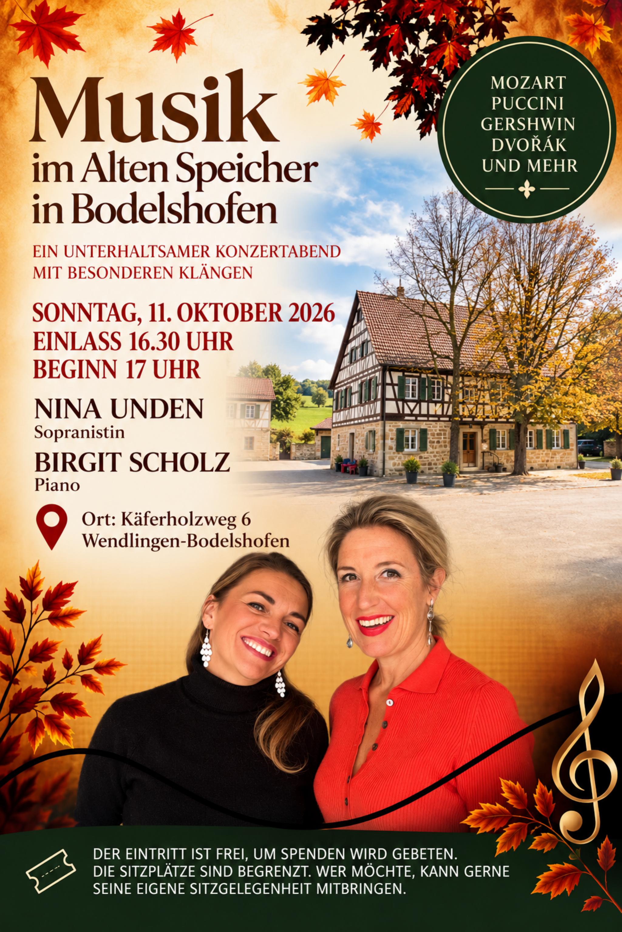 Plakat zum Konzertabend Musik im Alten Speicher in Bodelshofen am Sonntag, 11. Oktober 2026, mit Nina Unden und Birgit Scholz, Herbstlaub, Fachwerkhaus und grünem Fußbalken