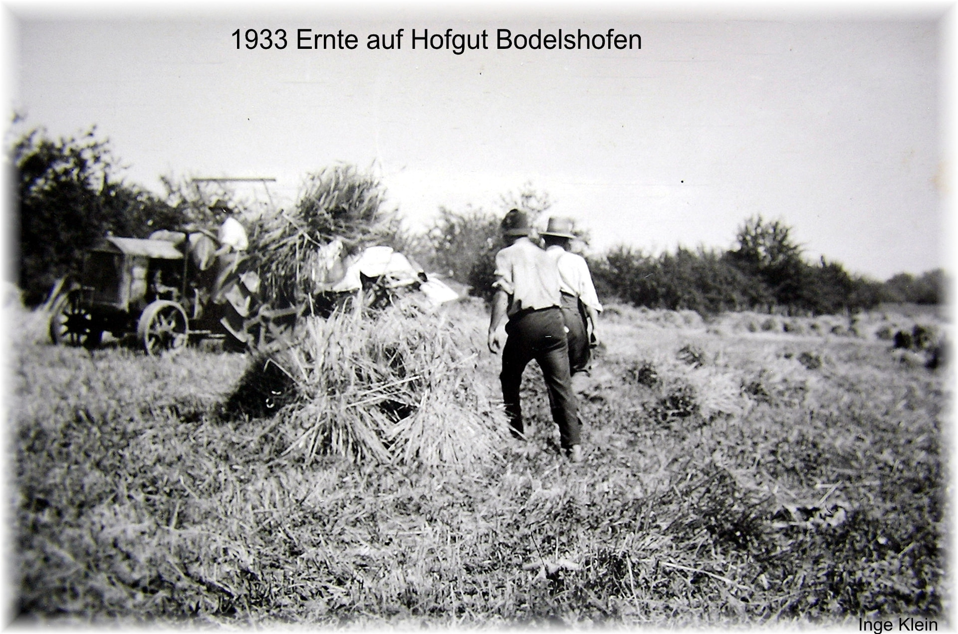 Schwarzweißaufnahme eines abgeernteten Feldes mit aufgestellten Getreidegarben und einem historischen Traktor, zwei Männer gehen über das Feld