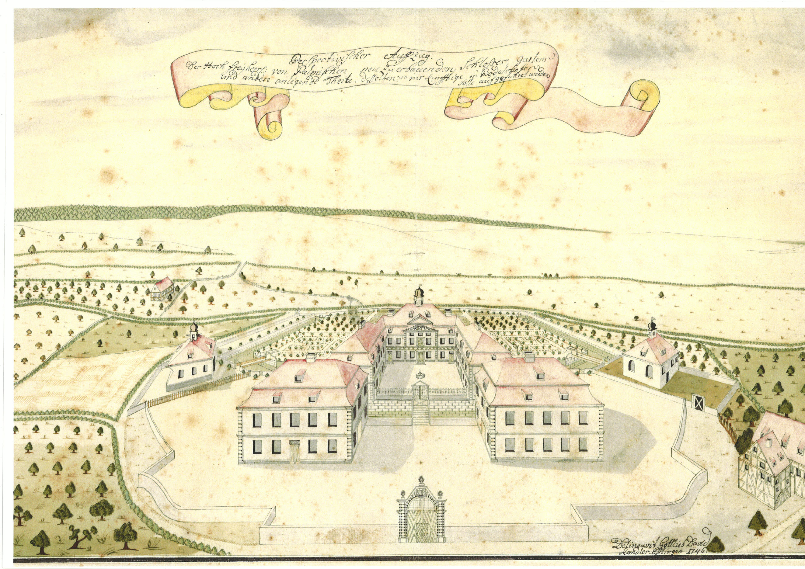 Kolorierte Zeichnung eines geplanten barocken Schlosses mit Garten und Nebengebäuden, oben ein Schriftband mit dem Titel, unten rechts die Signatur Gottlieb David Kandler Esslingen 1746